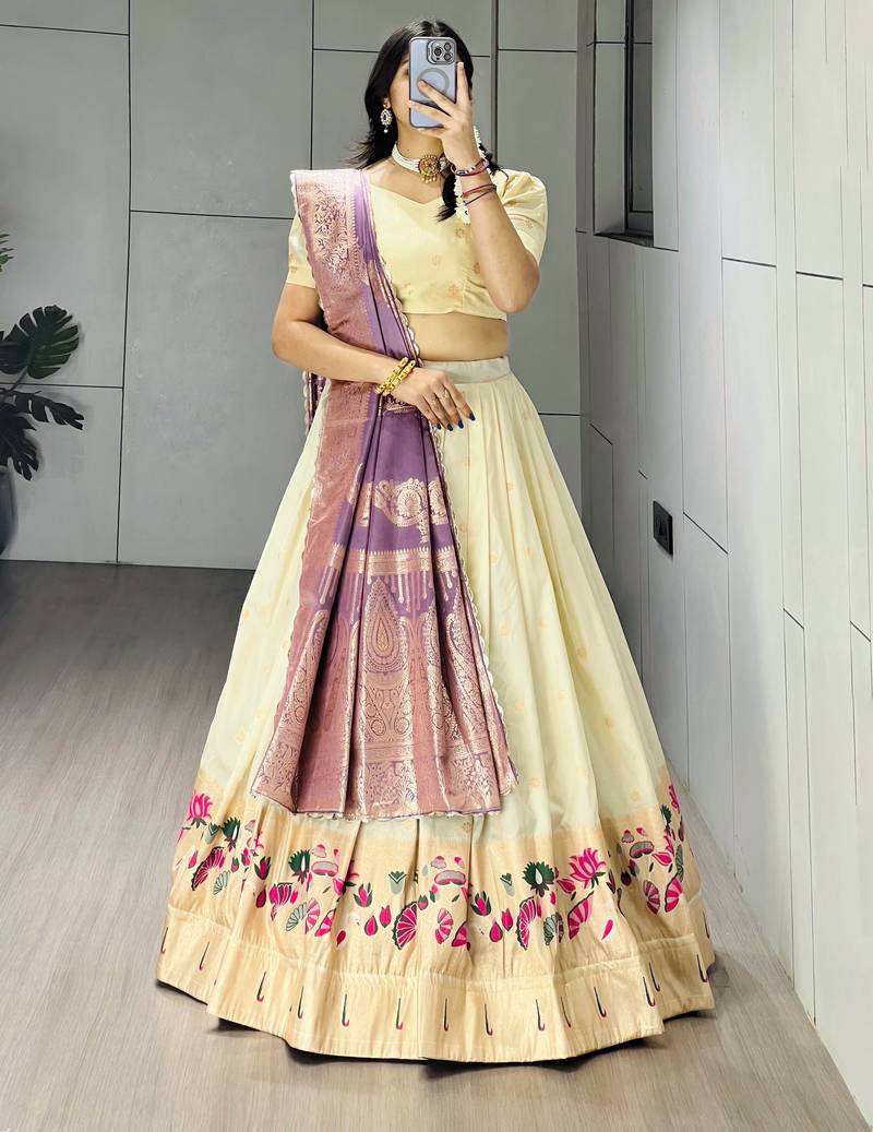 Purple Color Zari Weaving Work Paithani Silk Lehenga Choli With Unstitched Blouse