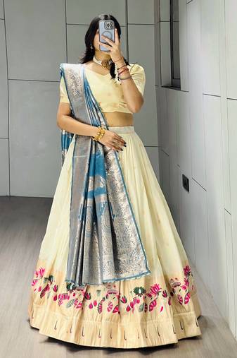 Firozi Color Zari Weaving Work Paithani Silk Lehenga Choli With Unstitched Blouse