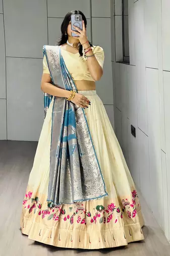 Firozi Color Zari Weaving Work Paithani Silk Lehenga Choli With Unstitched Blouse
