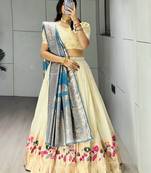 Firozi Color Zari Weaving Work Paithani Silk Lehenga Choli With Unstitched Blouse