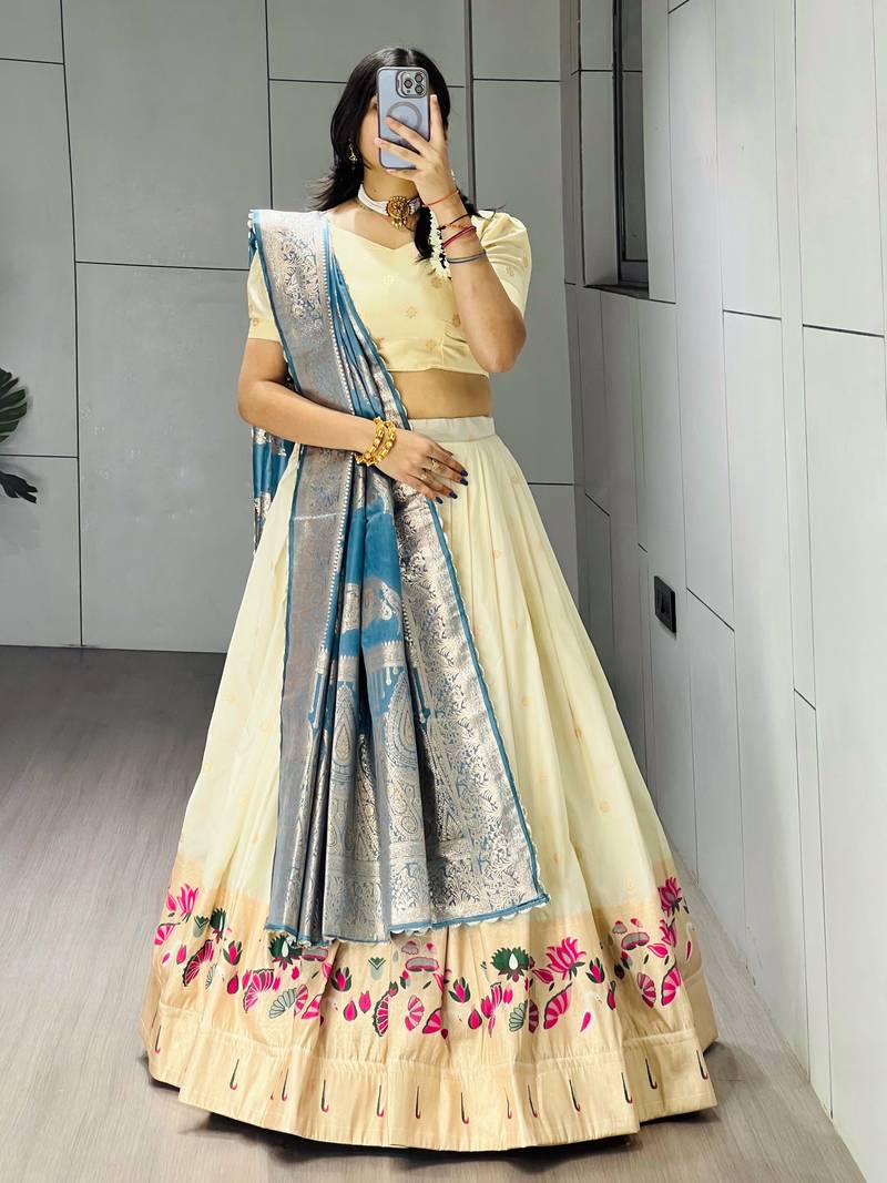 Firozi Color Zari Weaving Work Paithani Silk Lehenga Choli With Unstitched Blouse
