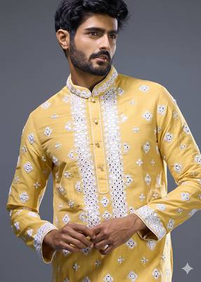 Yellow embroidered, mirror silk kurta pant 3