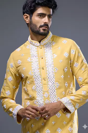 Yellow embroidered, mirror silk kurta pant