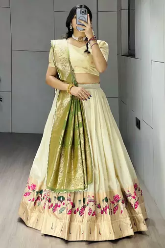 Green Color Zari Weaving Work Paithani Silk Lehenga Choli With Unstitched Blouse