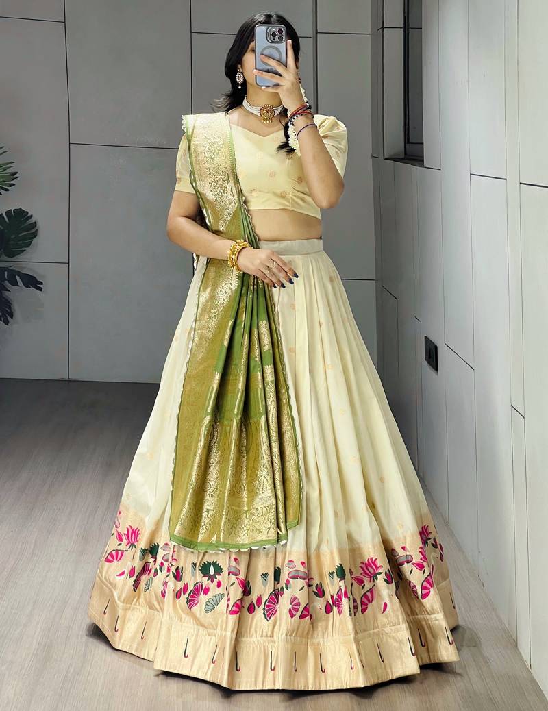 Green Color Zari Weaving Work Paithani Silk Lehenga Choli With Unstitched Blouse