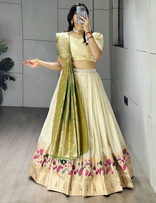Green Color Zari Weaving Work Paithani Silk Lehenga Choli With Unstitched Blouse 2