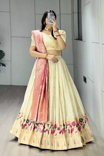 Pink Color Zari Weaving Work Paithani Silk Lehenga Choli With Unstitched Blouse