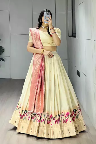 Pink Color Zari Weaving Work Paithani Silk Lehenga Choli With Unstitched Blouse