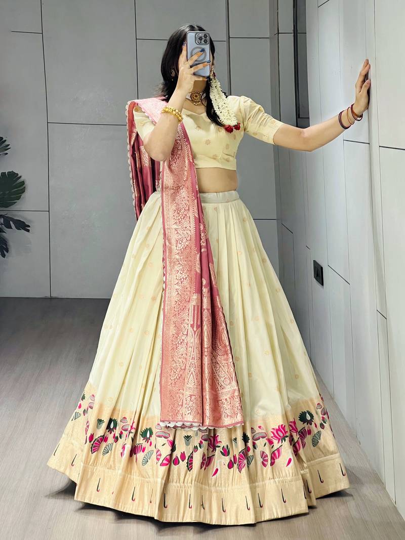 Pink Color Zari Weaving Work Paithani Silk Lehenga Choli With Unstitched Blouse