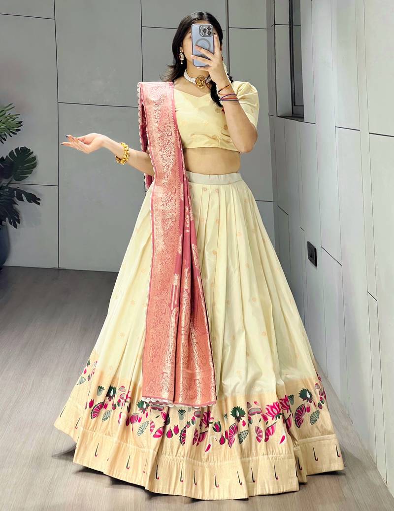 Pink Color Zari Weaving Work Paithani Silk Lehenga Choli With Unstitched Blouse