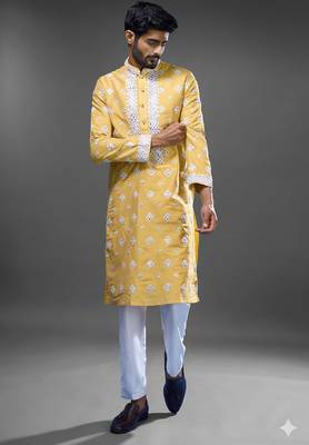 Yellow embroidered, mirror silk kurta pant 4