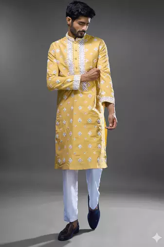 Yellow embroidered, mirror silk kurta pant