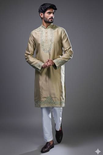 Beige embroidered, mirror silk kurta pant