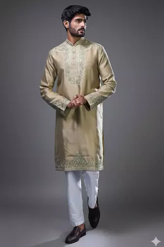Beige embroidered, mirror silk kurta pant