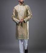 Beige embroidered, mirror silk kurta pant