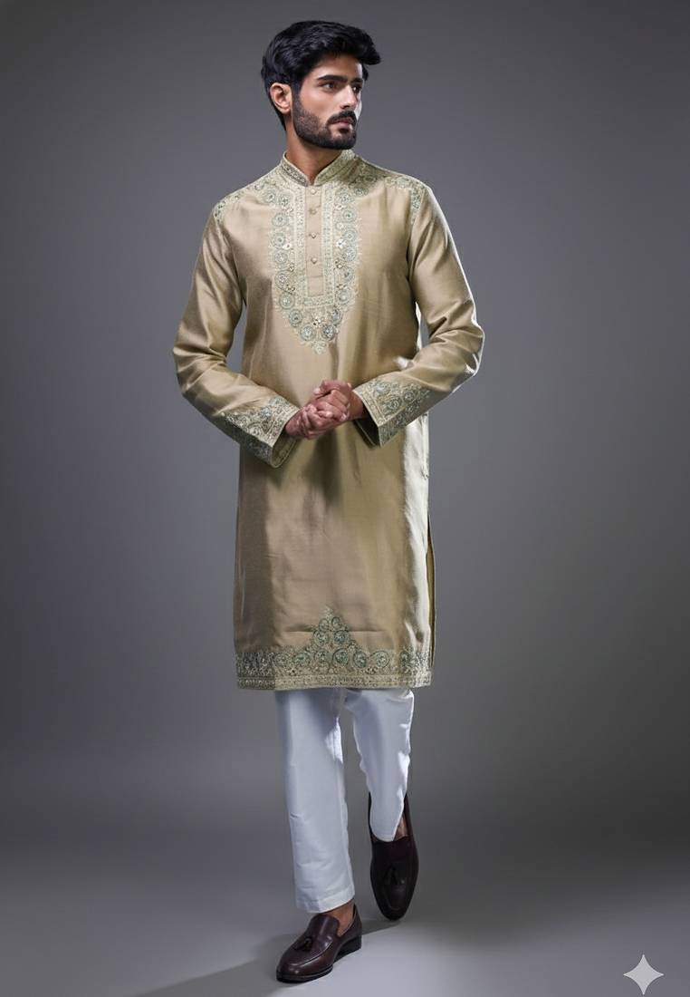 Beige embroidered, mirror silk kurta pant