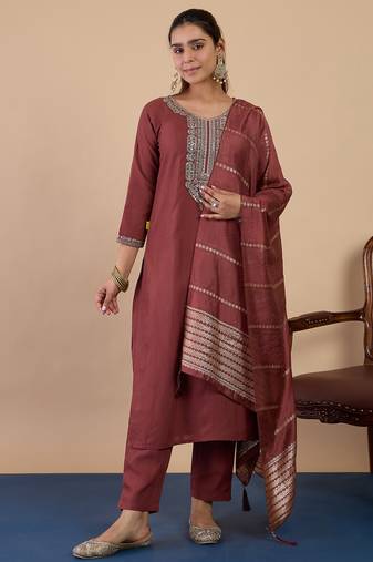 Brown women kurta pant dupatta set