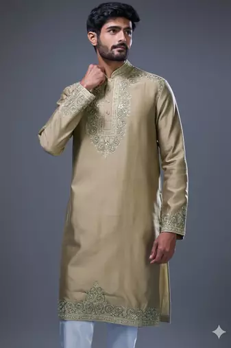 Beige embroidered, mirror silk kurta pant