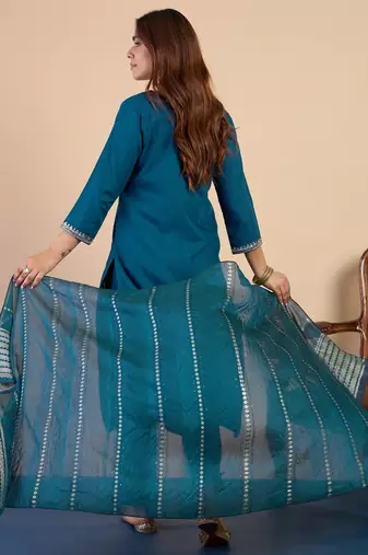 Teal women kurta pant dupatta set
