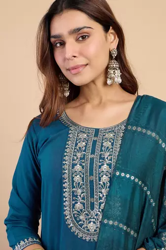 Teal women kurta pant dupatta set