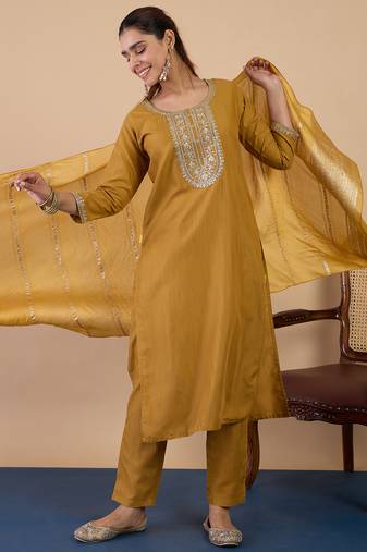 Mustard women kurta pant dupatta set