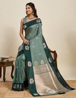 Green zari woven soft silk blend banarasi saree with blouse 2