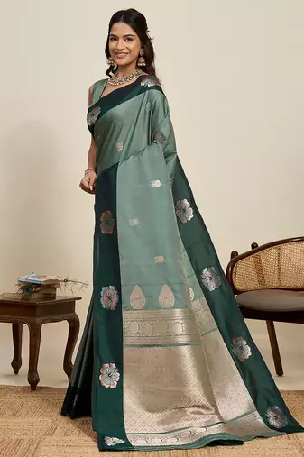 Green zari woven soft silk banarasi saree with blouse