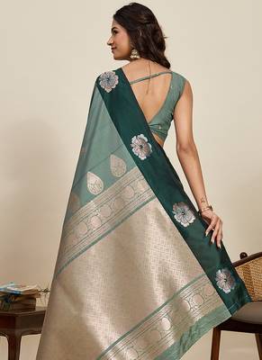 Green zari woven soft silk blend banarasi saree with blouse 4