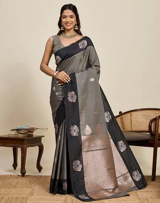Grey zari woven soft silk blend banarasi saree with blouse 1