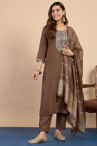 Brown women kurta pant dupatta set
