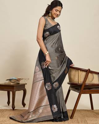 Grey zari woven soft silk blend banarasi saree with blouse 2