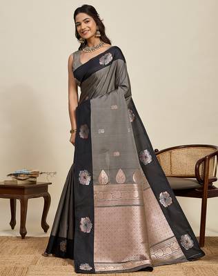 Grey zari woven soft silk blend banarasi saree with blouse 3
