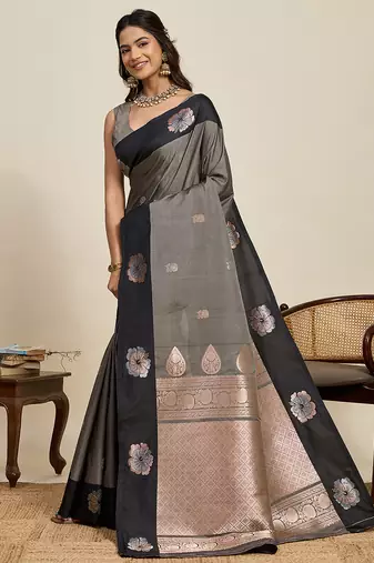 Grey zari woven soft silk banarasi saree with blouse