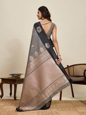 Grey zari woven soft silk blend banarasi saree with blouse 4