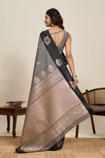 Grey zari woven soft silk banarasi saree with blouse