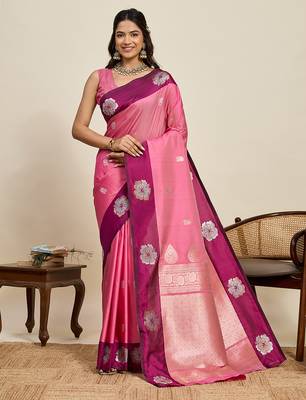 Pink zari woven soft silk blend banarasi saree with blouse 1
