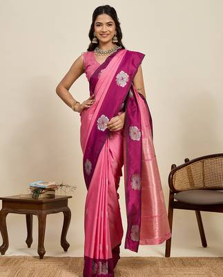 Pink zari woven soft silk blend banarasi saree with blouse 2