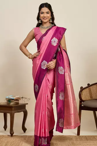 Pink zari woven soft silk banarasi saree with blouse