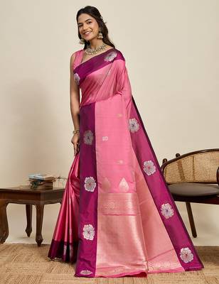 Pink zari woven soft silk blend banarasi saree with blouse 3