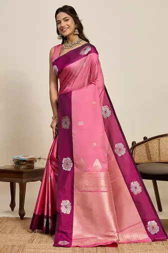 Pink zari woven soft silk banarasi saree with blouse