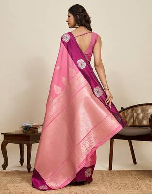 Pink zari woven soft silk blend banarasi saree with blouse 4