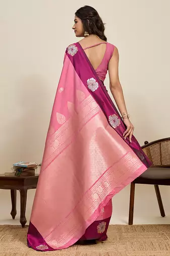 Pink zari woven soft silk banarasi saree with blouse