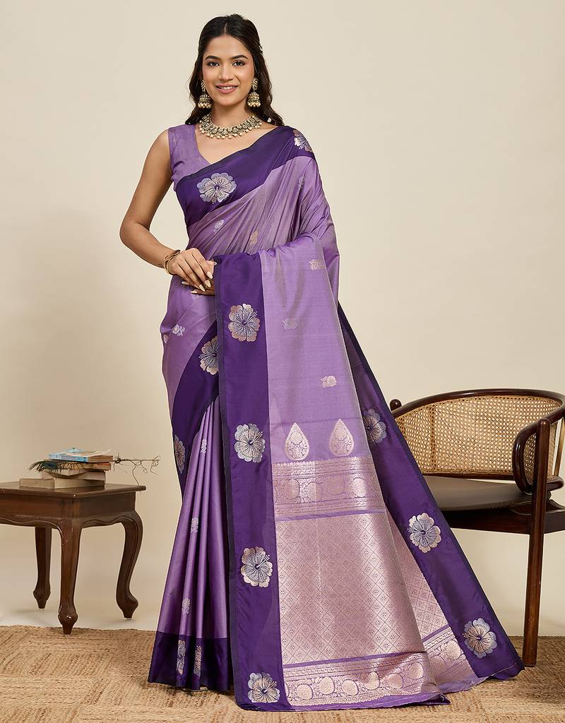 Purple zari woven soft silk banarasi saree with blouse