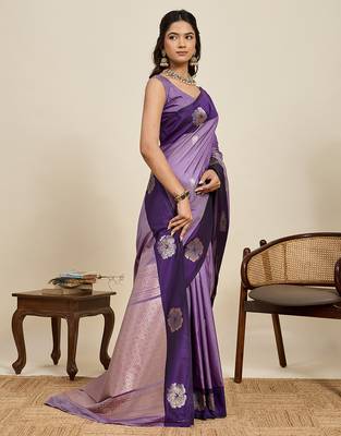 Purple zari woven soft silk blend banarasi saree with blouse 2