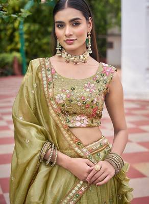 Olive Color Thread Embroidery And Sequin Work Gold Crush Silk Lehenga Choli Set 1