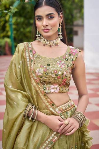 Olive Color Thread Embroidery And Sequin Work Gold Crush Silk Lehenga Choli Set