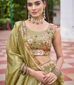 Olive Color Thread Embroidery And Sequin Work Gold Crush Silk Lehenga Choli Set