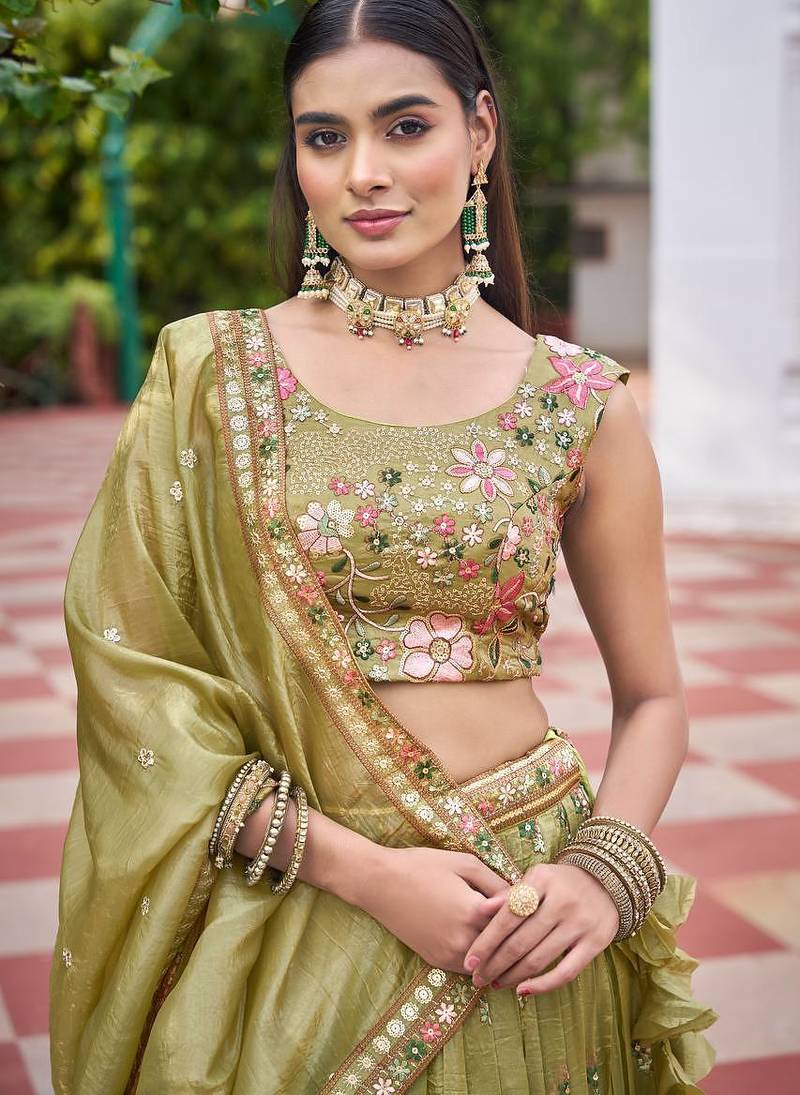 Olive Color Thread Embroidery And Sequin Work Gold Crush Silk Lehenga Choli Set