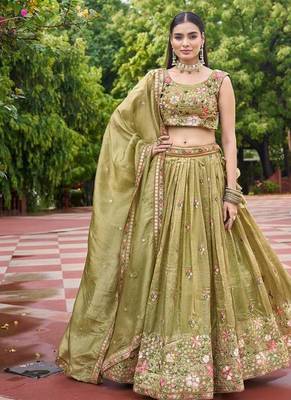 Olive Color Thread Embroidery And Sequin Work Gold Crush Silk Lehenga Choli Set 2