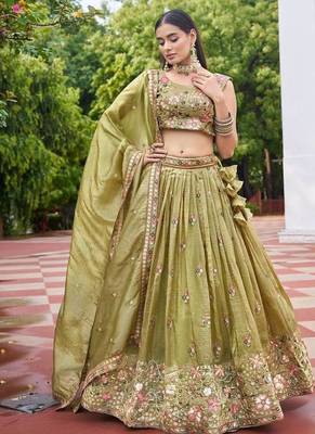 Olive Color Thread Embroidery And Sequin Work Gold Crush Silk Lehenga Choli Set 3
